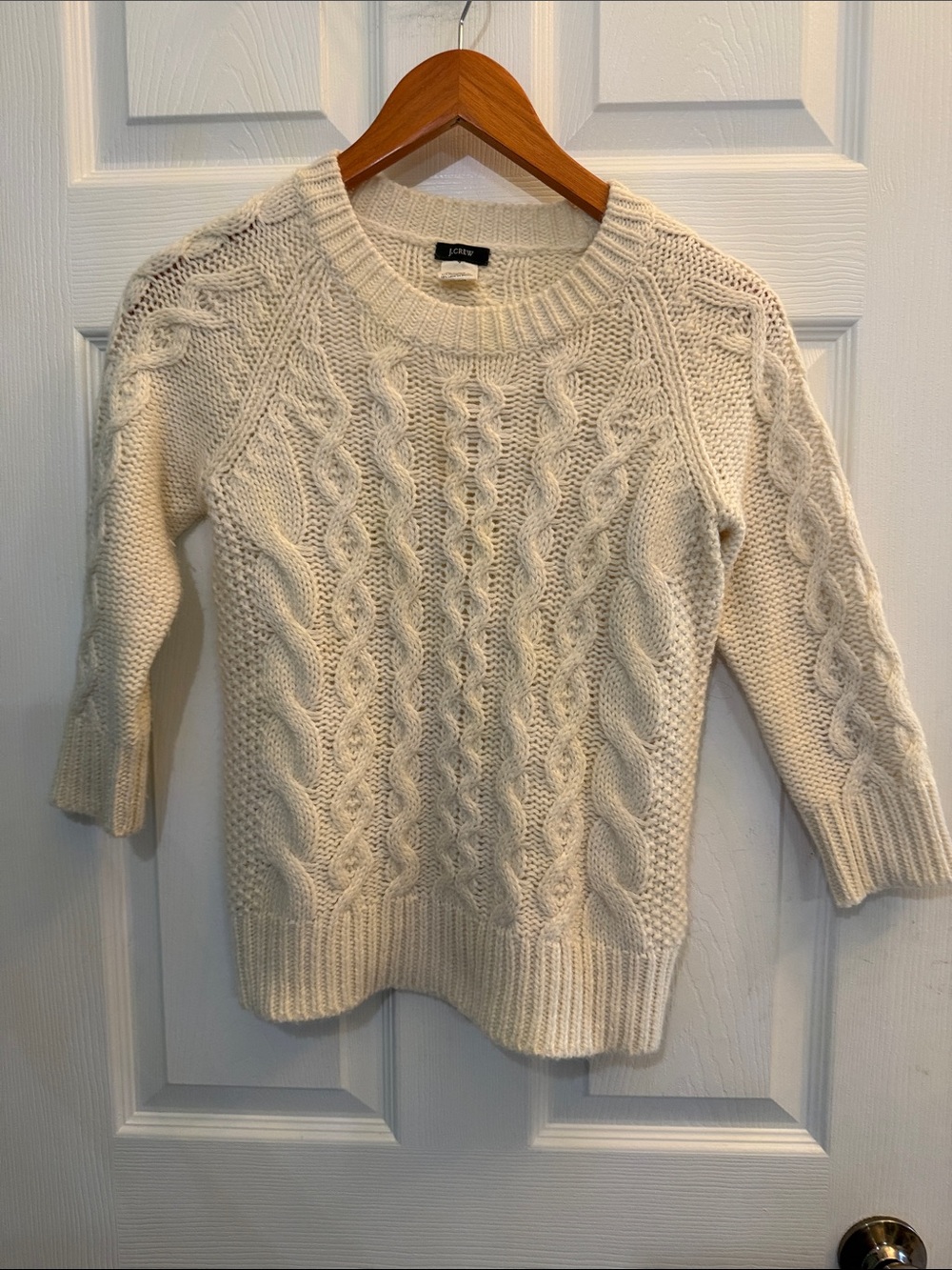 J. Crew Wool/Alpaca Blend Cream Cable-Knit Crewneck Sweater 3/4 Sleeves